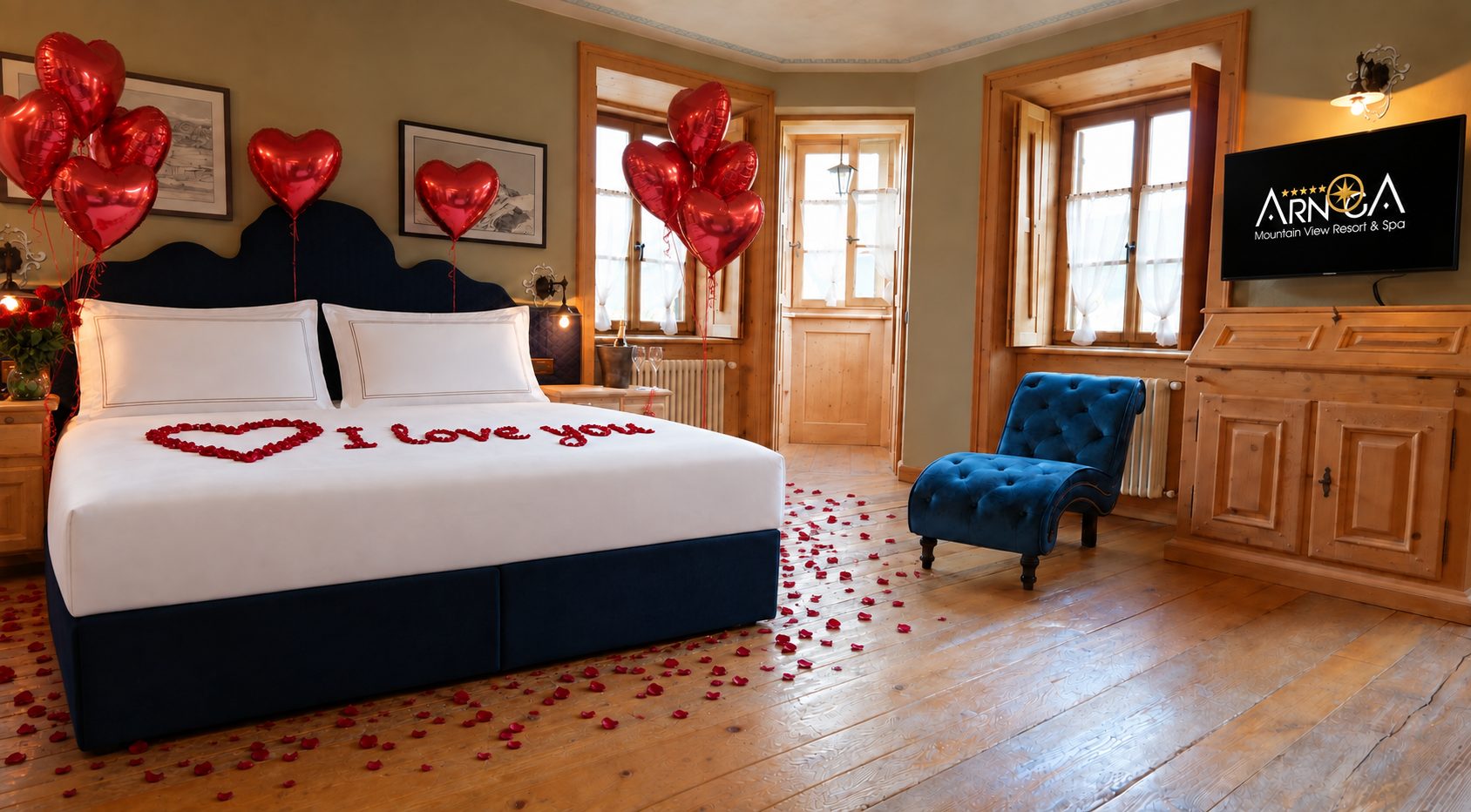 Letto con scritta I love you in petali di rose e palloncini a cuore — set-up romantico