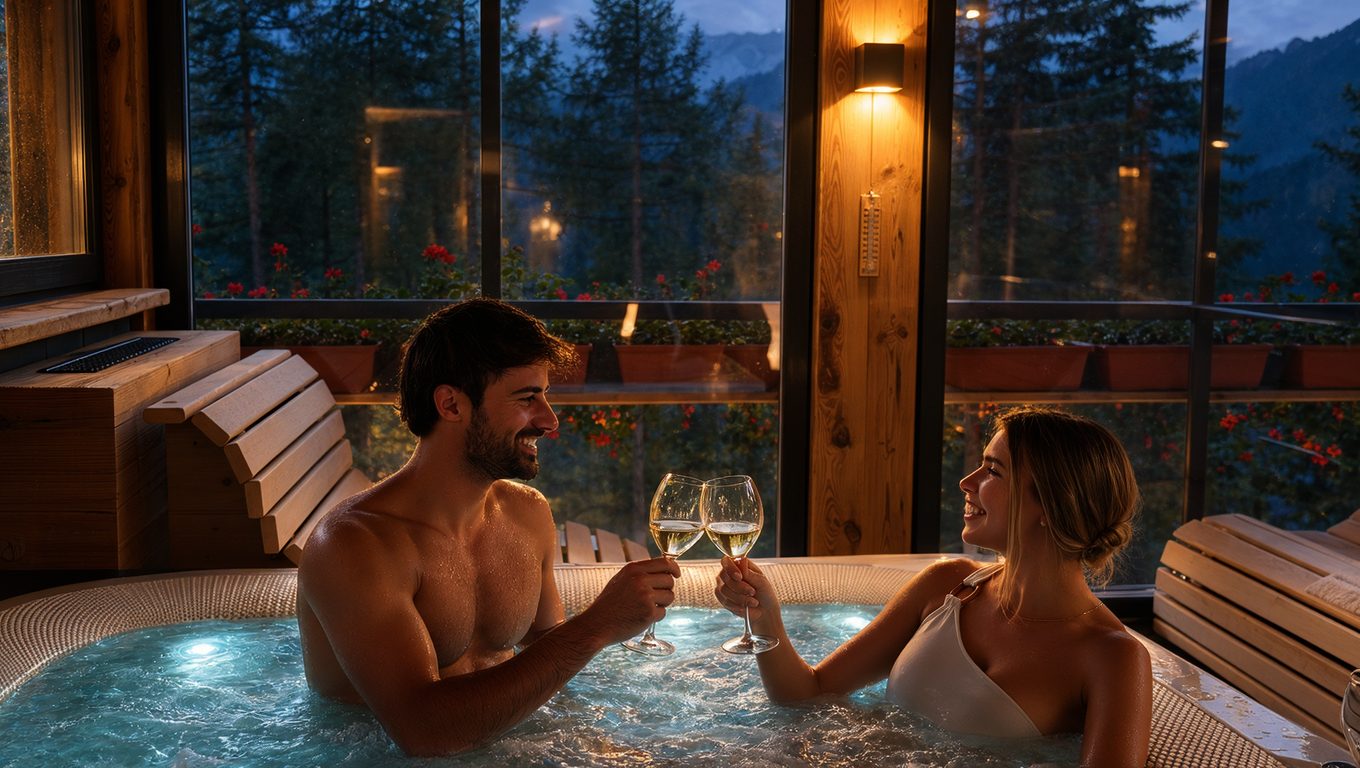 Coppia che brinda nella vasca jacuzzi della torretta panoramica al calare della sera